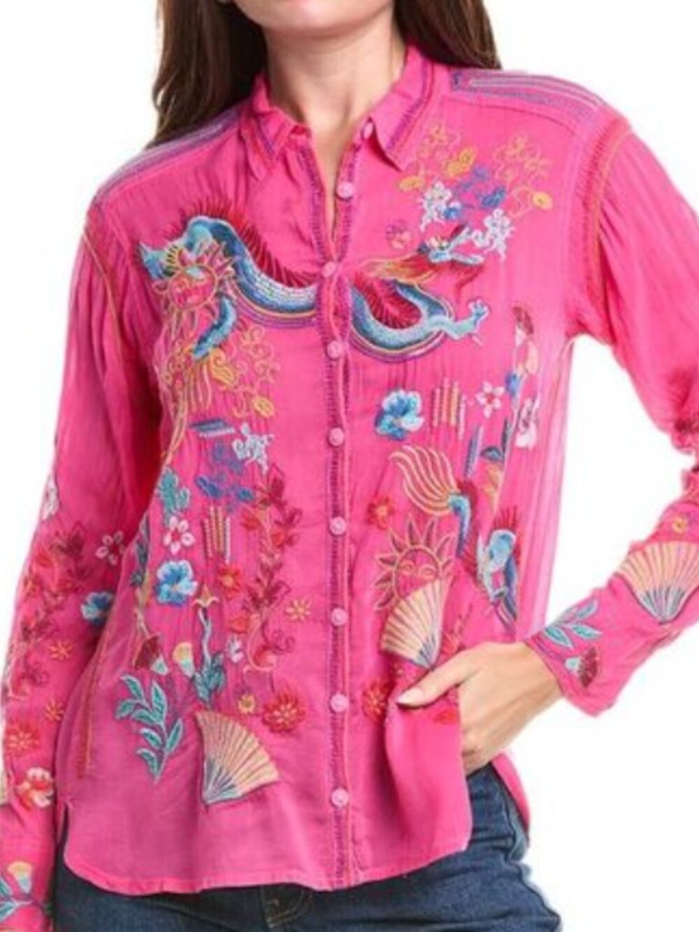 Size L Johnny Was Velouria heavily embroidered pink button front blouse shirt